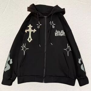 Black Graphic Hoodie with Cross and Flame Designs